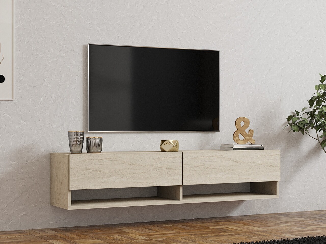 Comoda TV, Hanah Home, Arges, 141x31x30 cm, Travertin - imagine 7